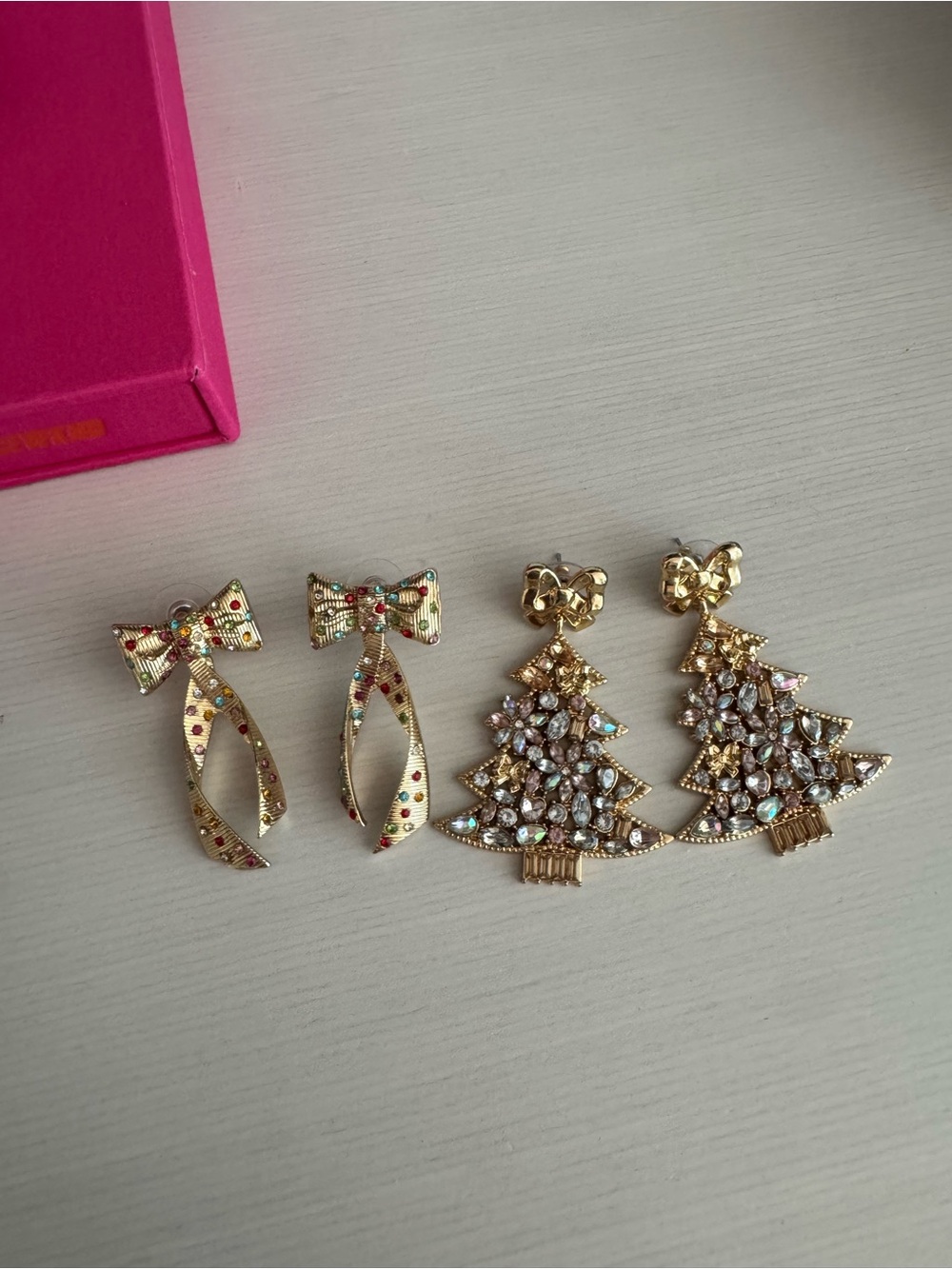 Gold-tone Bow and Christmas Tree Earrings - Sparkling Holiday Set
